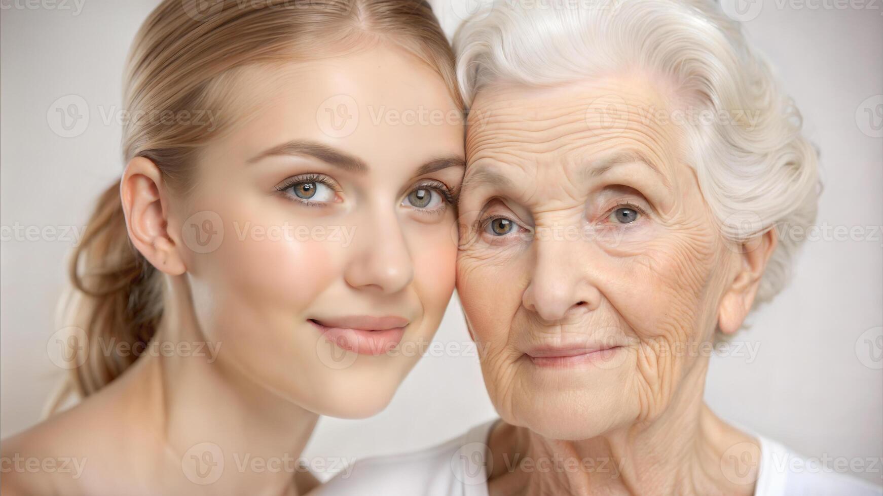 Portrait of senior woman and her granddaughter looking at camera on light background photo