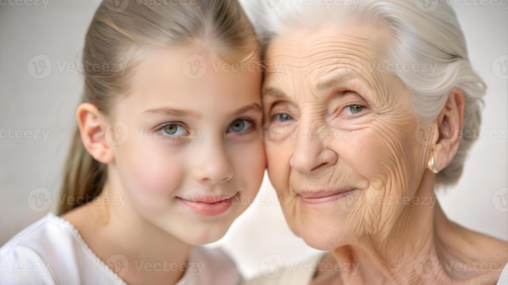 Portrait of smiling senior woman and granddaughter looking at camera at home photo