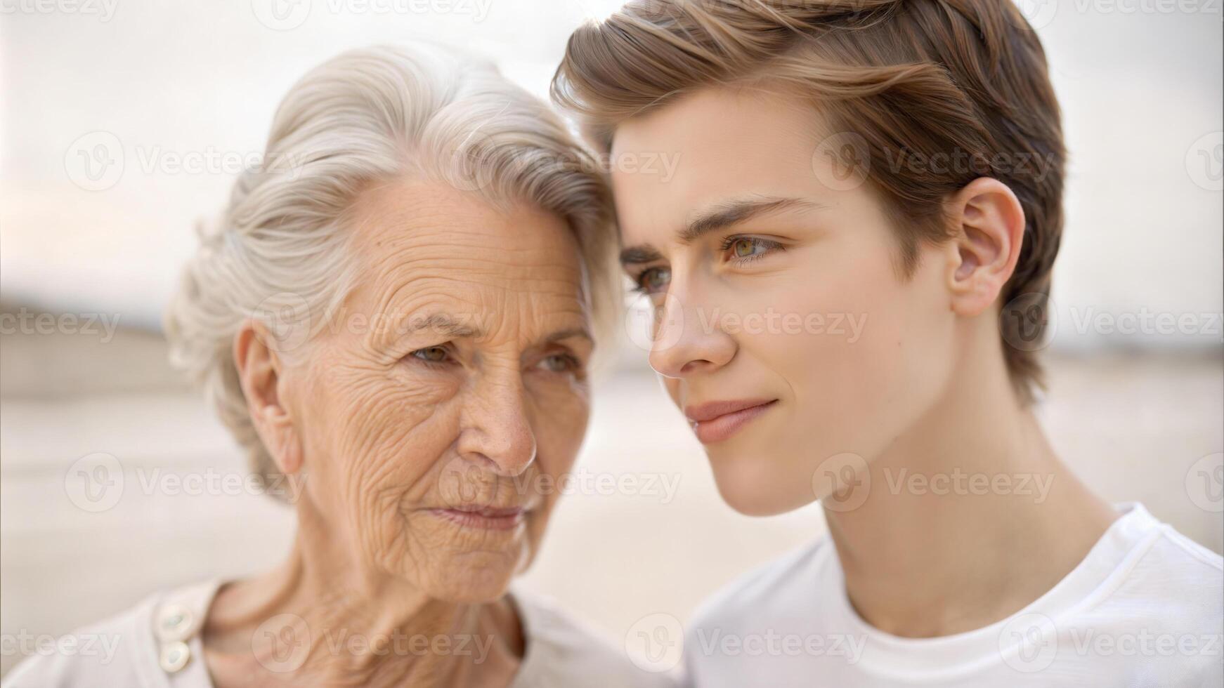 Portrait of senior woman and her grandson looking at each other outdoors photo