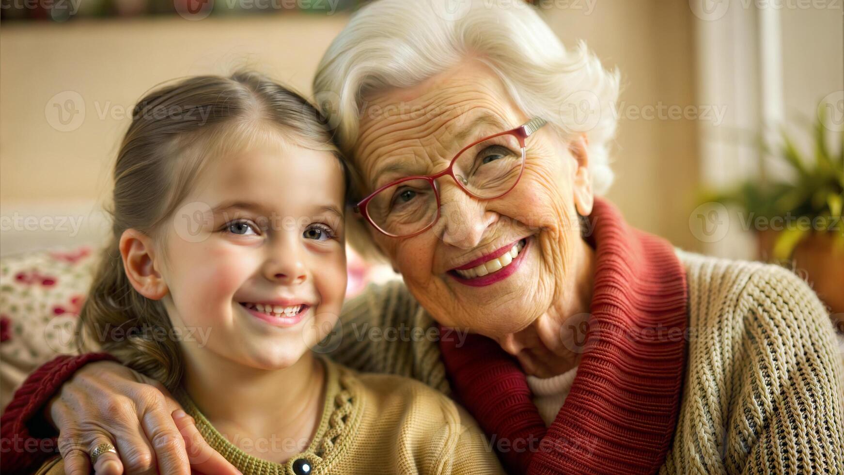Portrait of smiling senior woman and granddaughter looking at camera at home photo