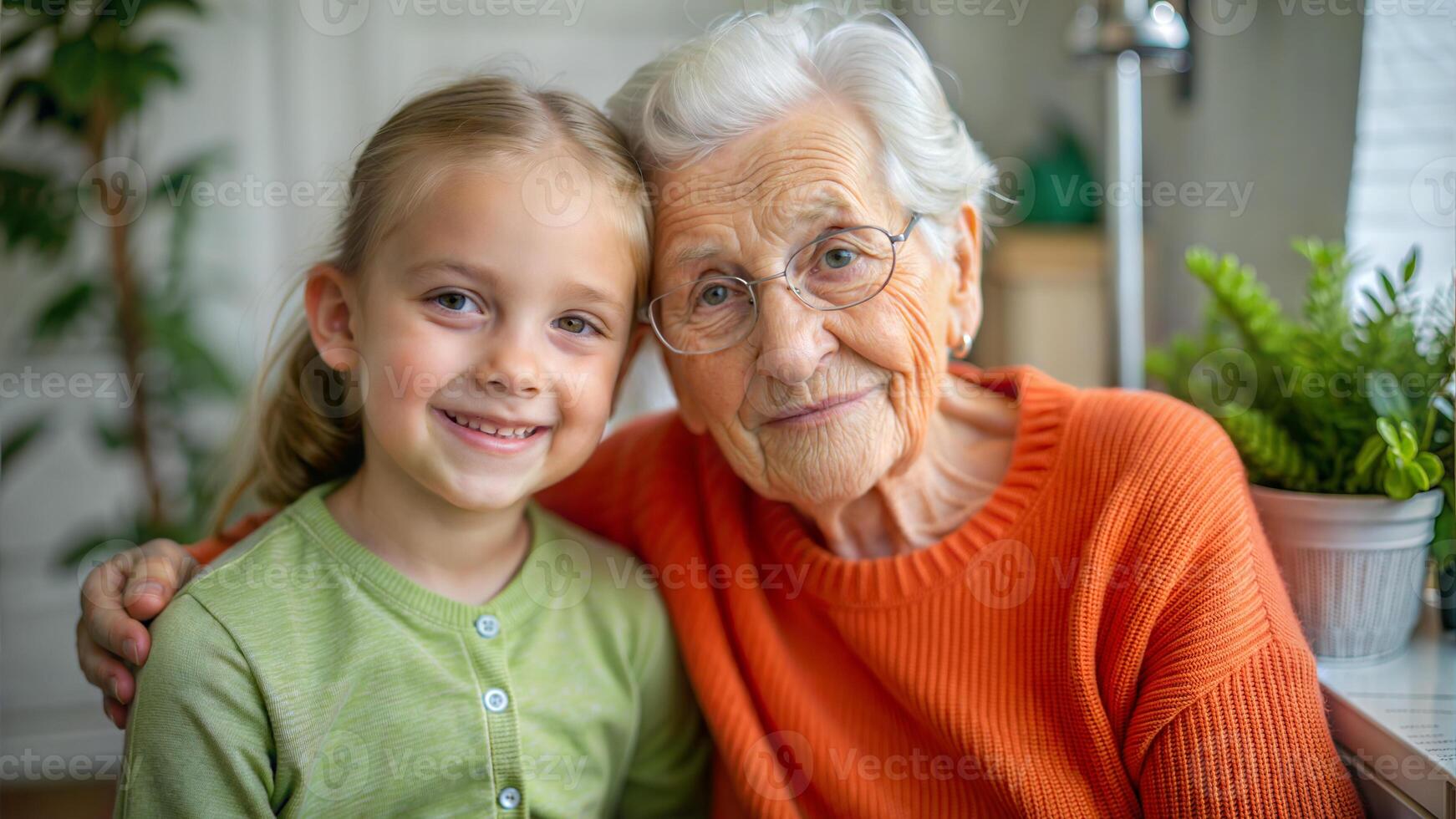 Portrait of a cute little girl with her grandmother at home. photo