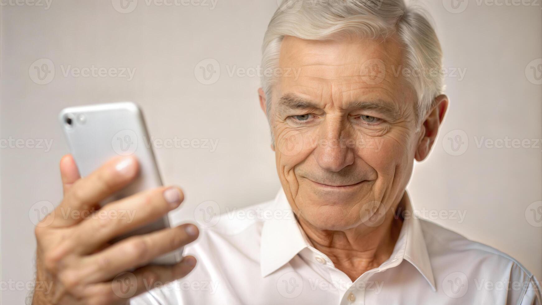 Portrait of senior man using mobile phone at home, closeup photo