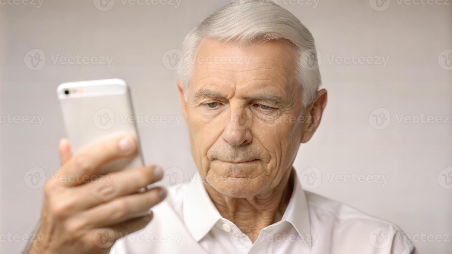 Senior man using mobile phone, focus on face. Closeup portrait of senior man using smartphone, blurred background photo