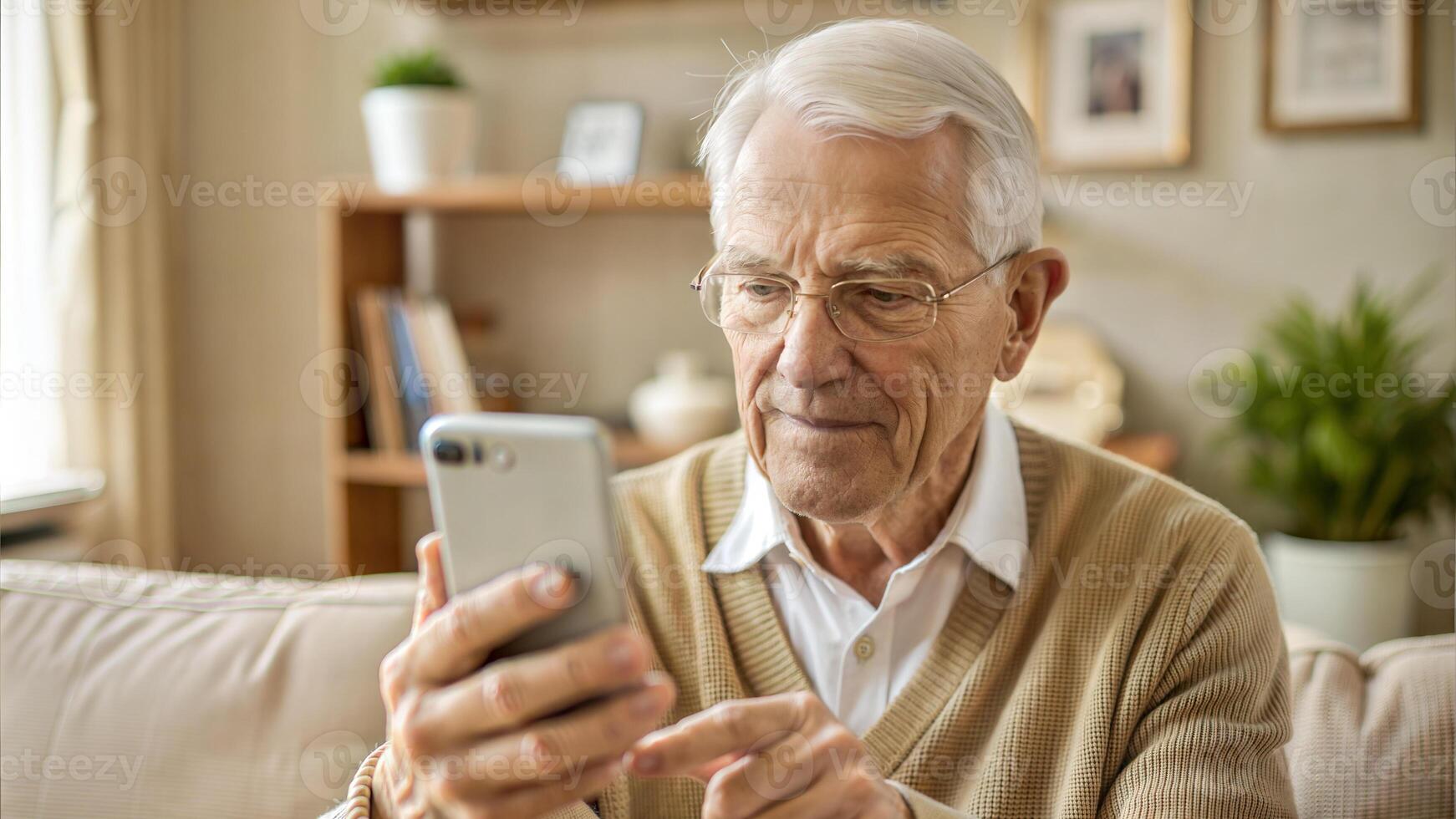 Senior man using mobile phone at home in the living room, looking at the screen and smiling photo