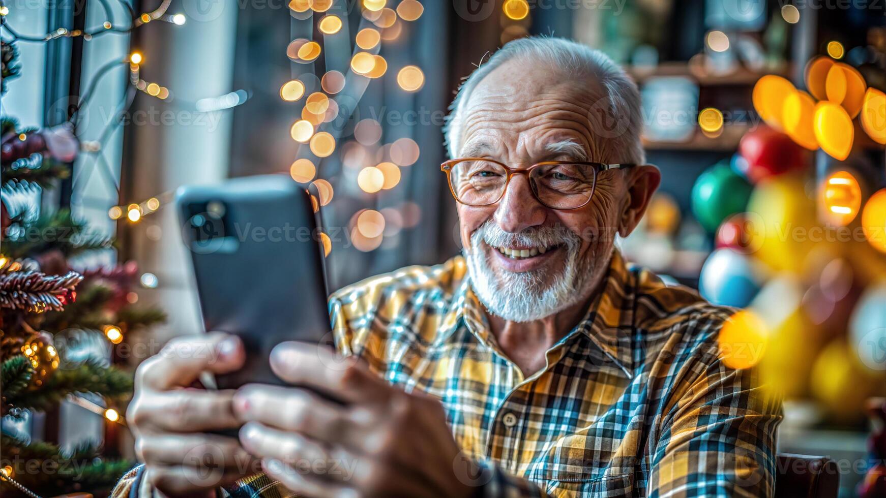 Happy senior man using mobile phone while sitting at home in front of Christmas tree photo