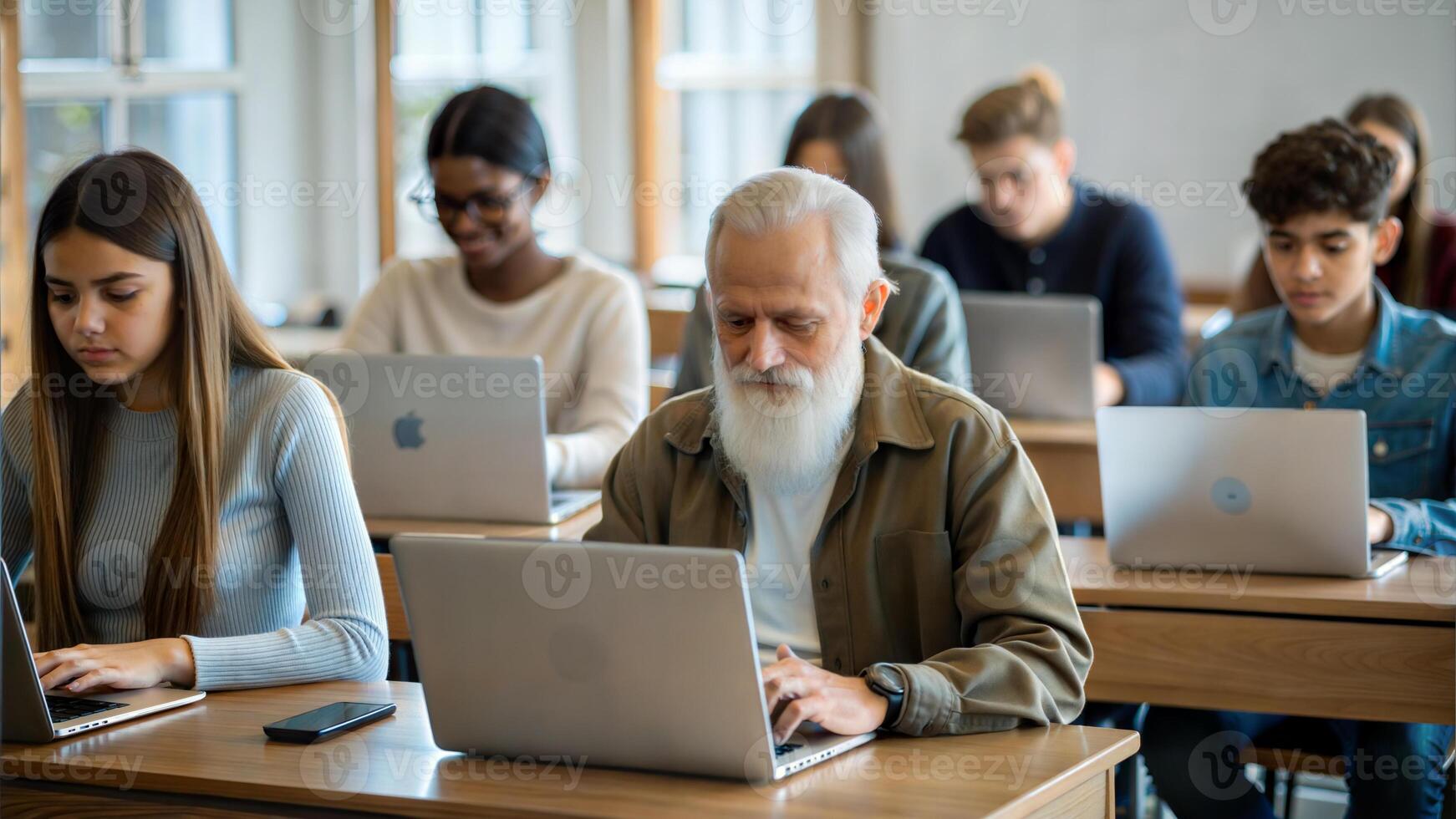 Group of multiethnic students using laptop together in classroom at university photo