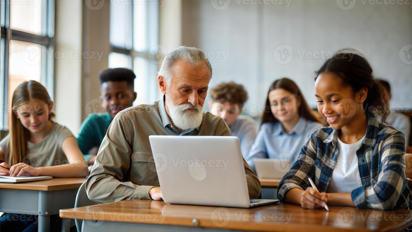 education, technology and people concept - group of smiling students with laptop computer in classroom photo