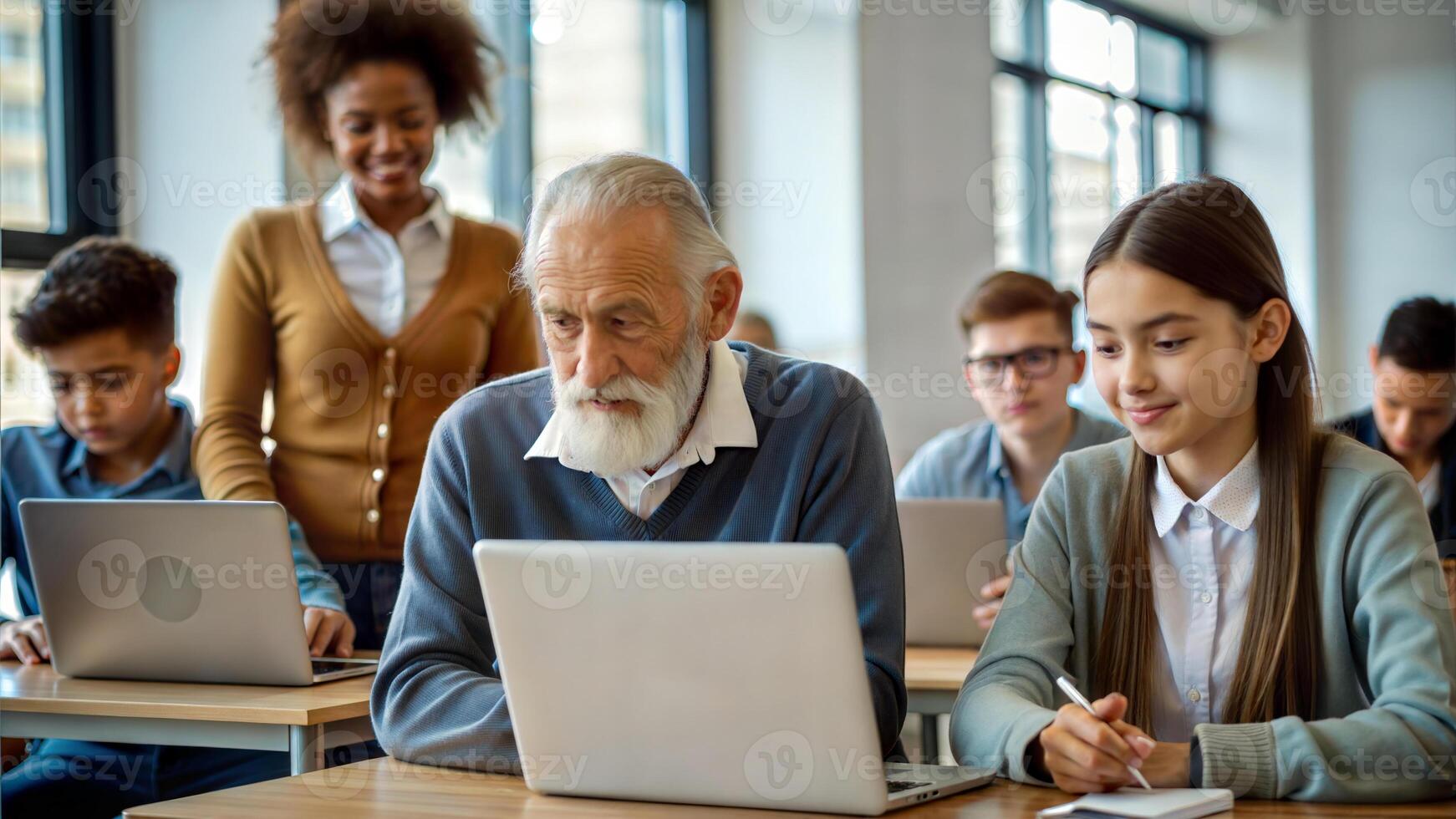 Mature teacher helping students in class with laptop and tablet computer. photo