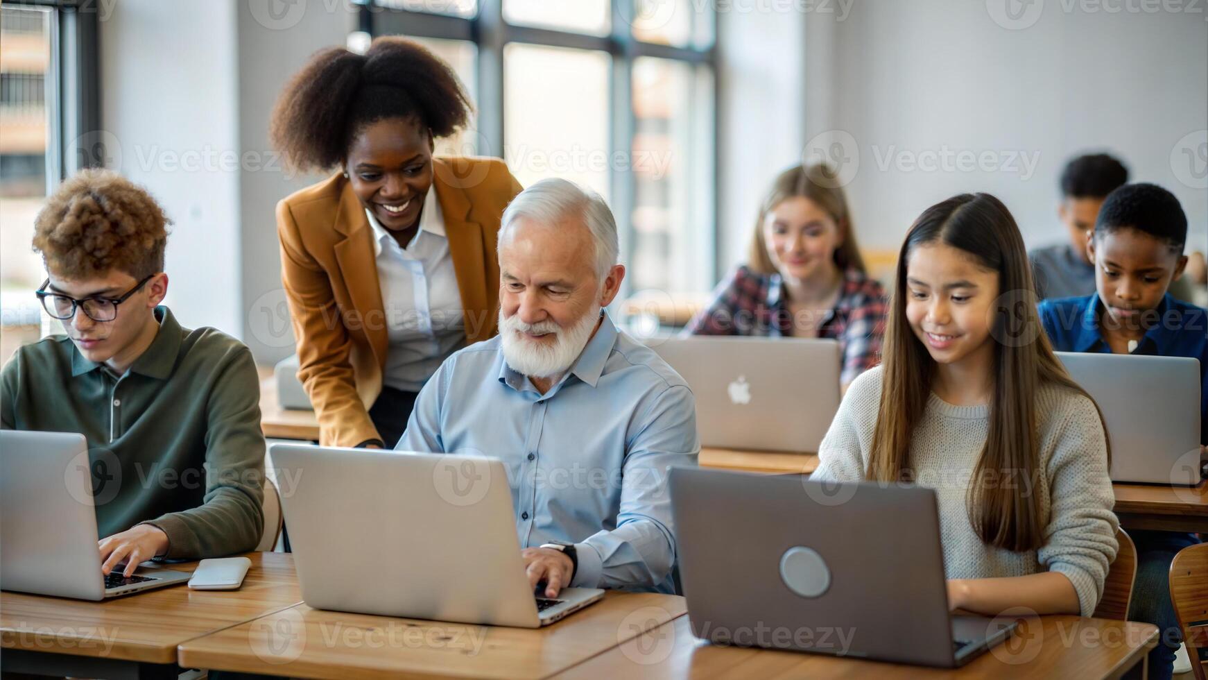 Multiethnic group of students and teacher in computer class. Education and technology concept. photo