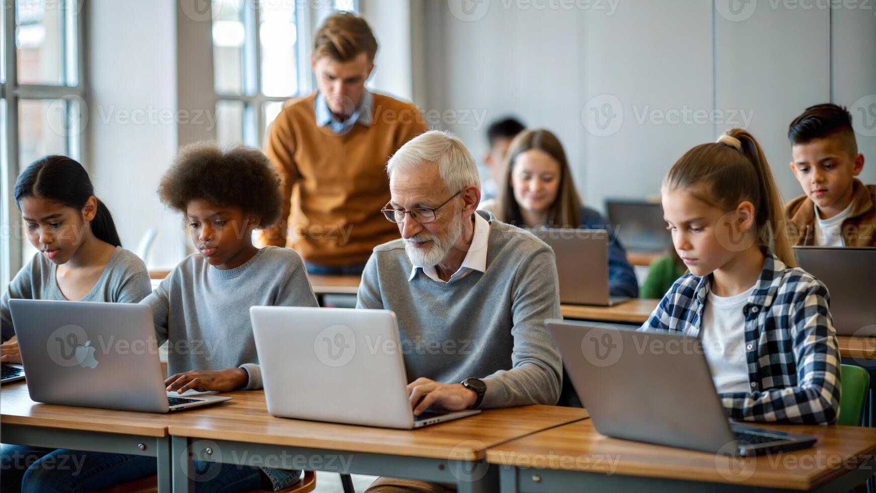 Group of students and teacher in classroom using laptop computers during a lesson photo