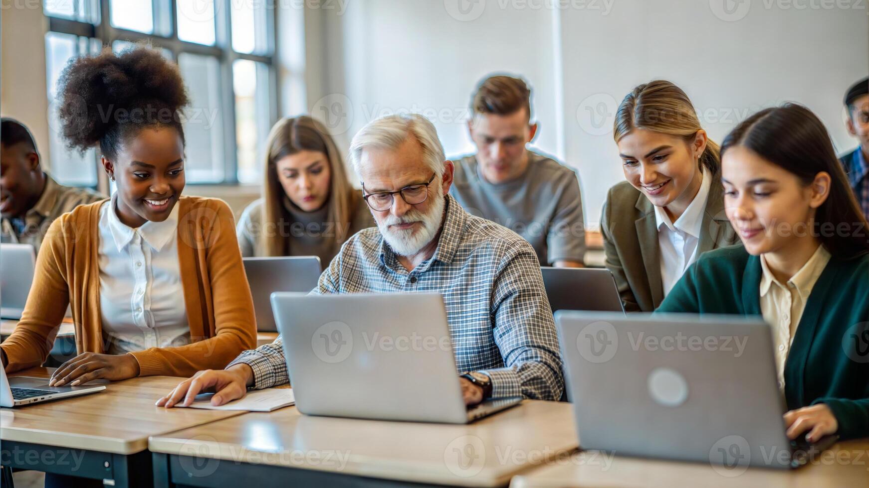 Group of multiethnic students working together on laptop computer in classroom photo