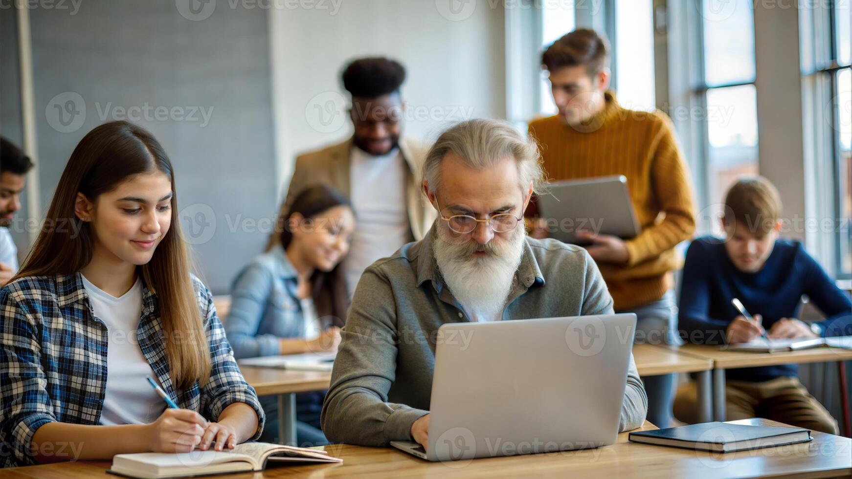 Group of multiethnic students studying together in the classroom at university photo