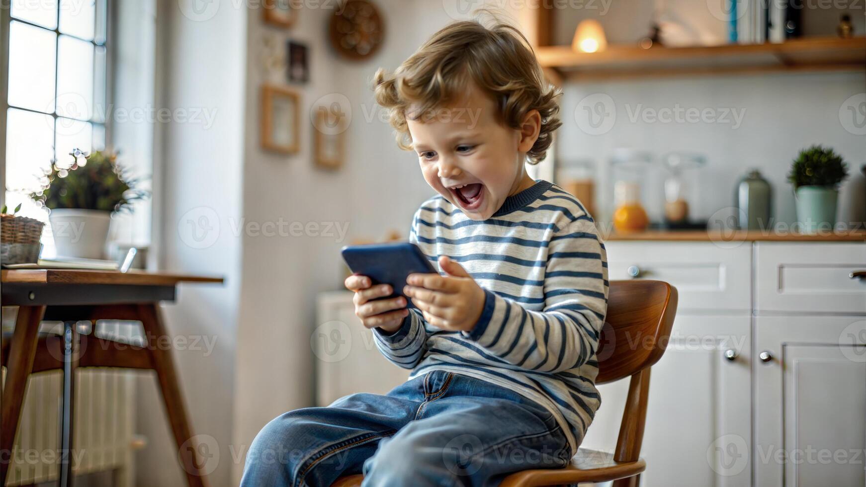 Cute little boy playing with mobile phone at home. Happy child having fun with smartphone. photo