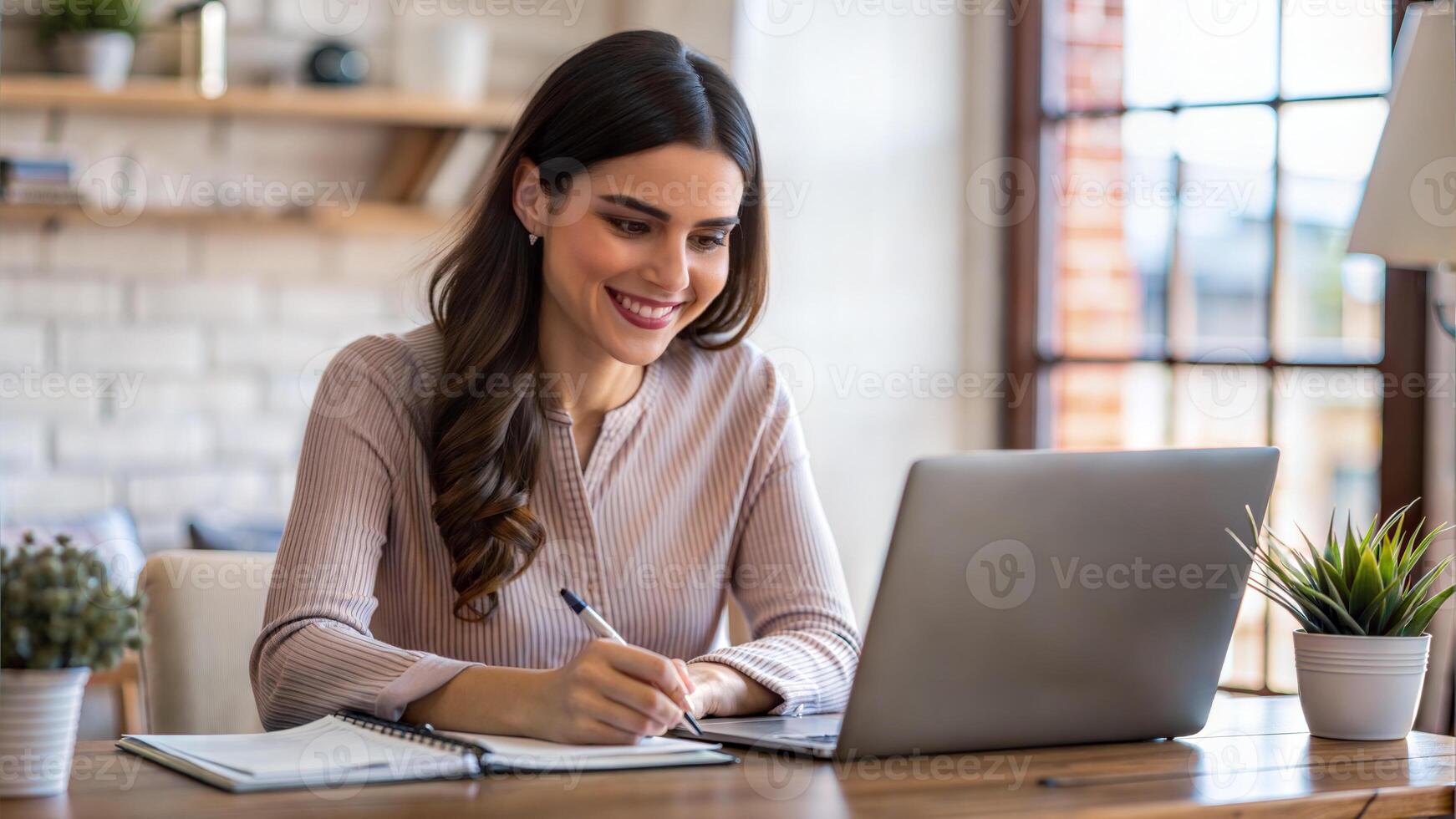 Smiling young woman working on laptop computer at home office. Beautiful female freelancer writing in notepad while sitting at desk. photo