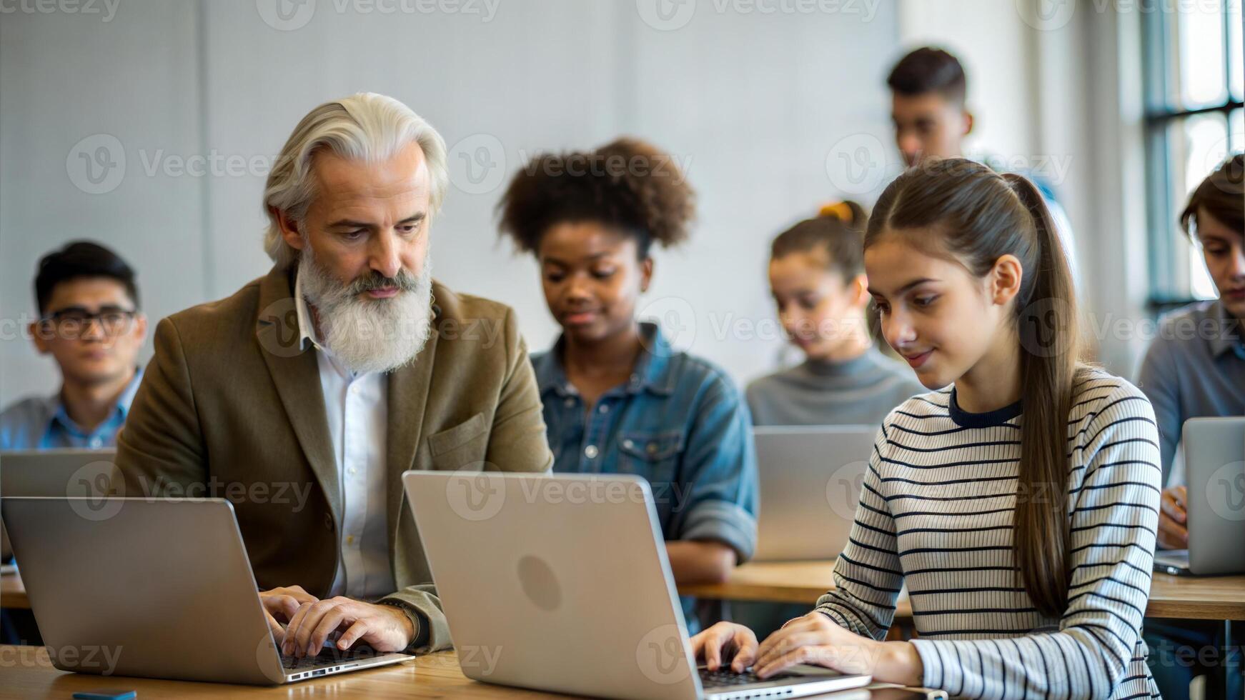 Group of multiethnic students using laptop together in classroom at school photo