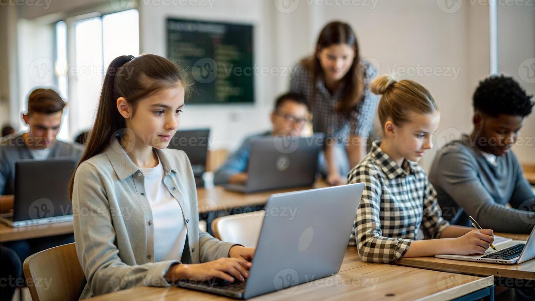 education, high school, technology and people concept - group of students with laptop computers in classroom photo