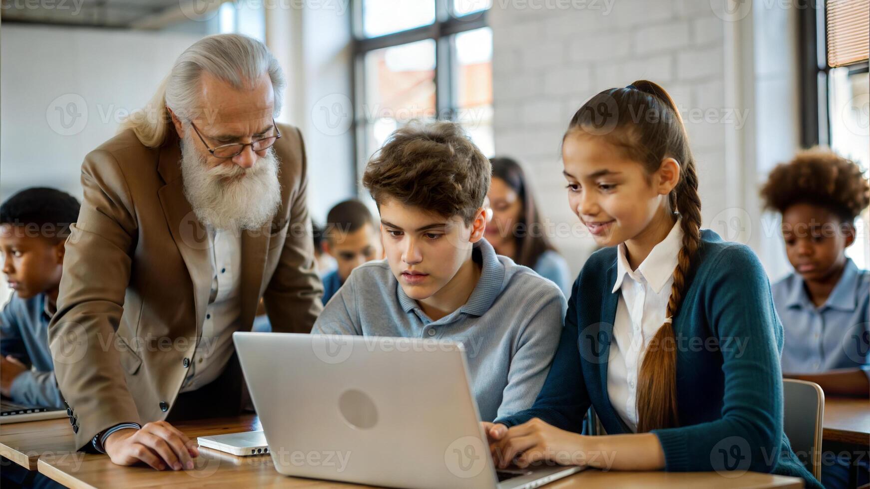Teacher with students using laptop computer in classroom at elementary school. photo