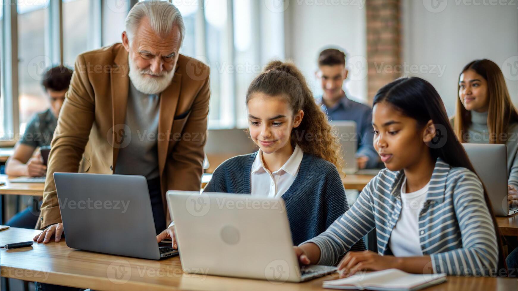 Group of students studying with professor in classroom. Education and technology concept. photo