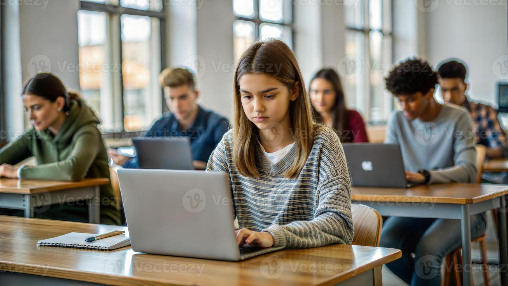 Group of students sitting in a lecture hall and using a laptop computer photo