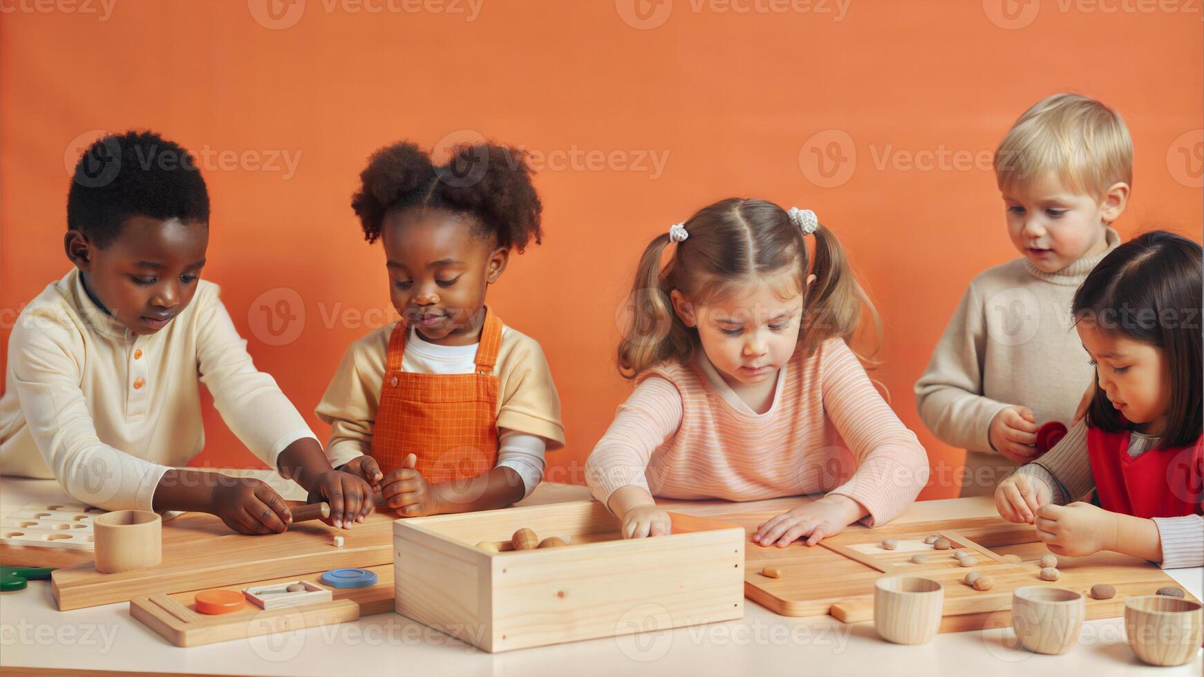 Group of kids playing with wooden blocks at the table in the classroom photo