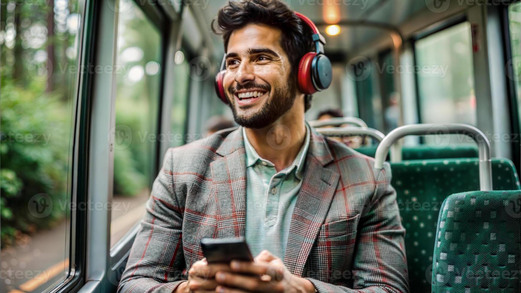 Portrait of happy young man using mobile phone while riding in bus photo