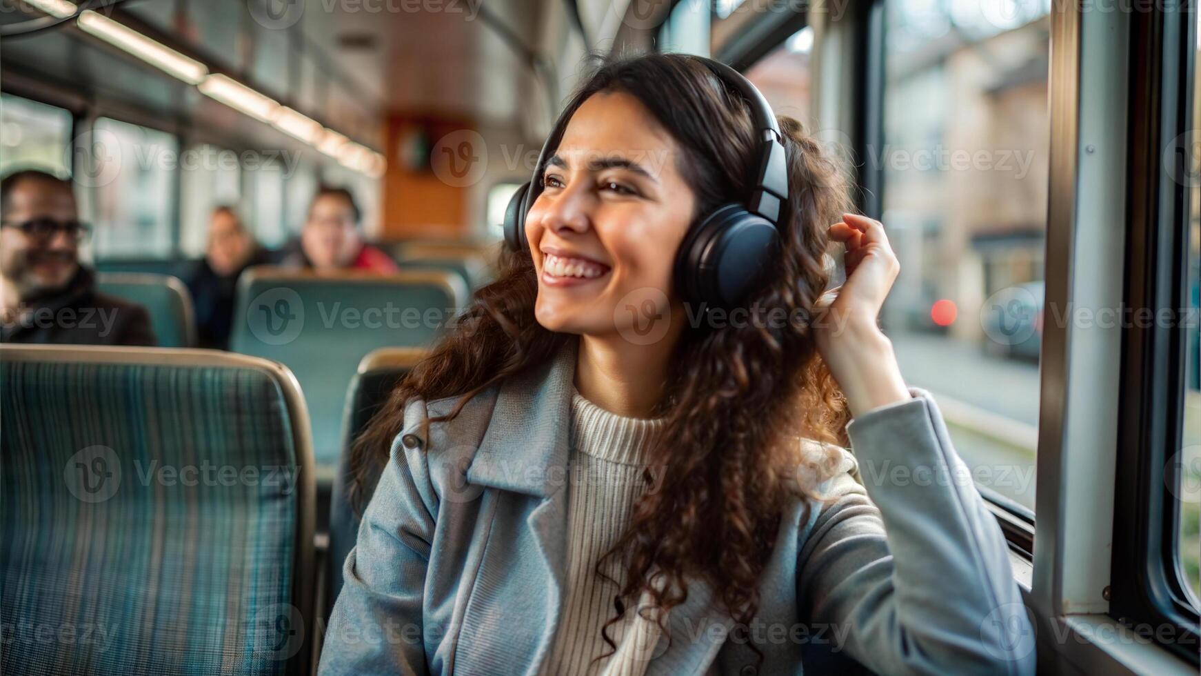 Young woman listening to music with headphones in a public transport. Bus travel concept. photo