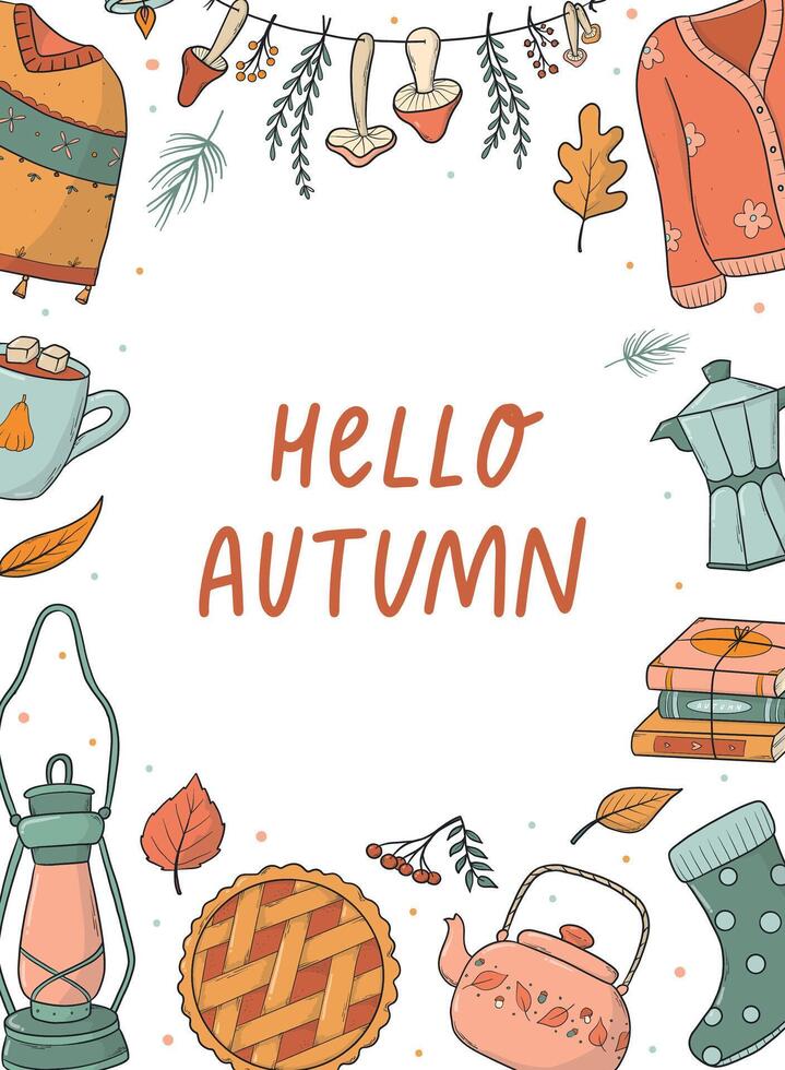 Autumn card, poster, print, invitation, wallpaper design. Hello Autumn lettering quote decorated with frame of doodles. EPS 10 vector