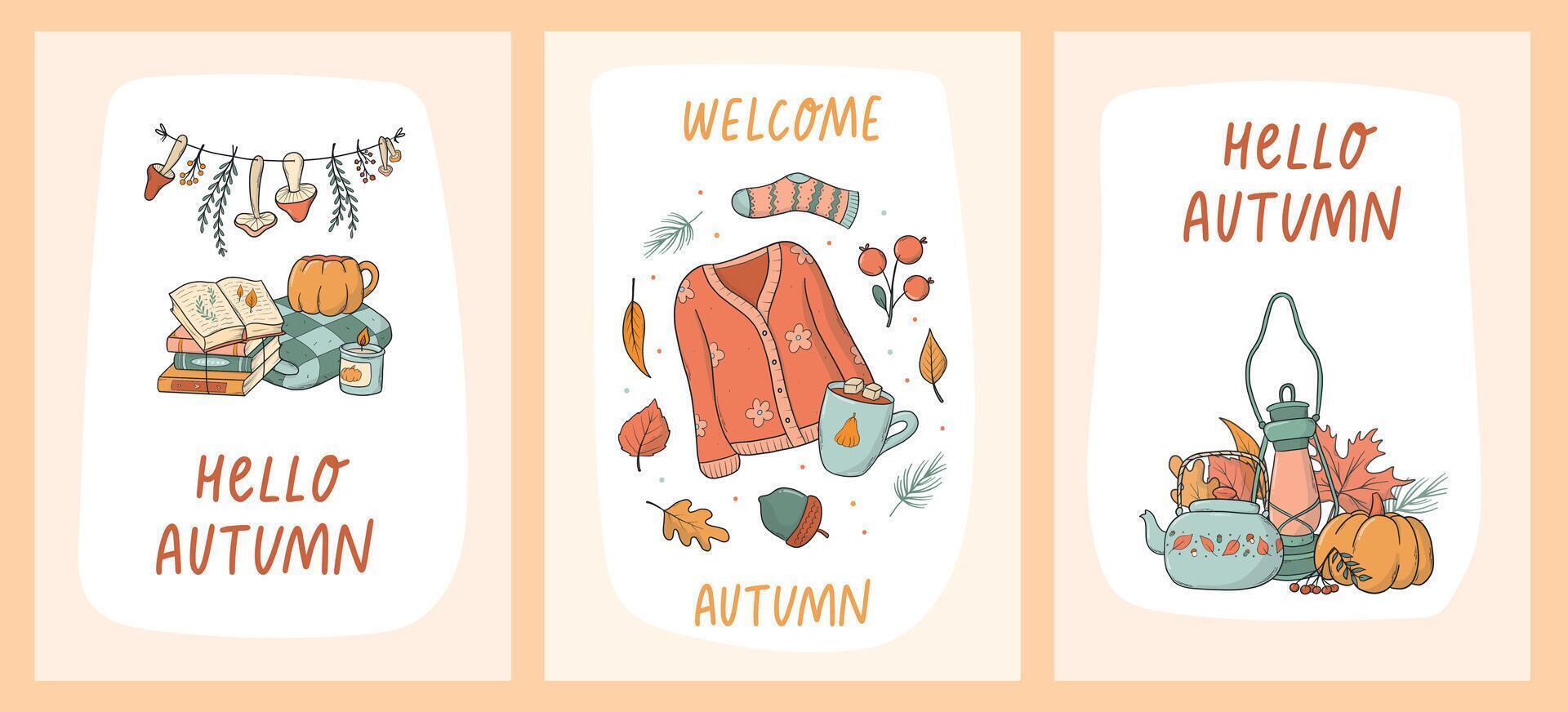 Autumn cards collection with lettering quotes and doodles for banners, wallpaper, posters, prints, invitations, templates, etc. EPS 10 vector