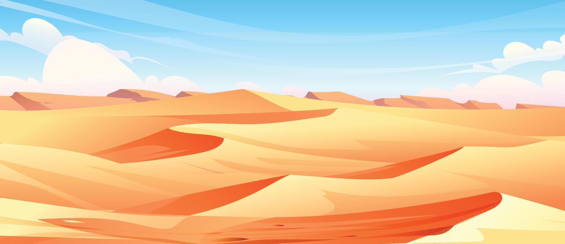 Desert landscape with sand dunes and blue sky. Nature background cartoon illustration vector