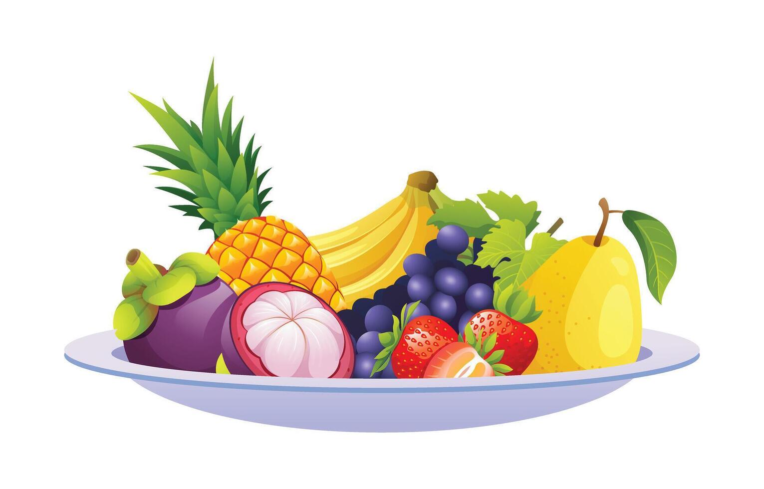 Plate with pineapple, bananas, grapes, mangosteen, strawberries, and more. Cartoon illustration vector