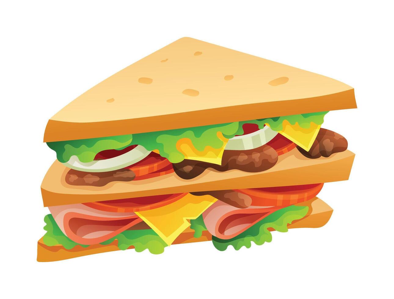 Club sandwich with ham, lettuce, tomato, and cheese. Cartoon illustration vector