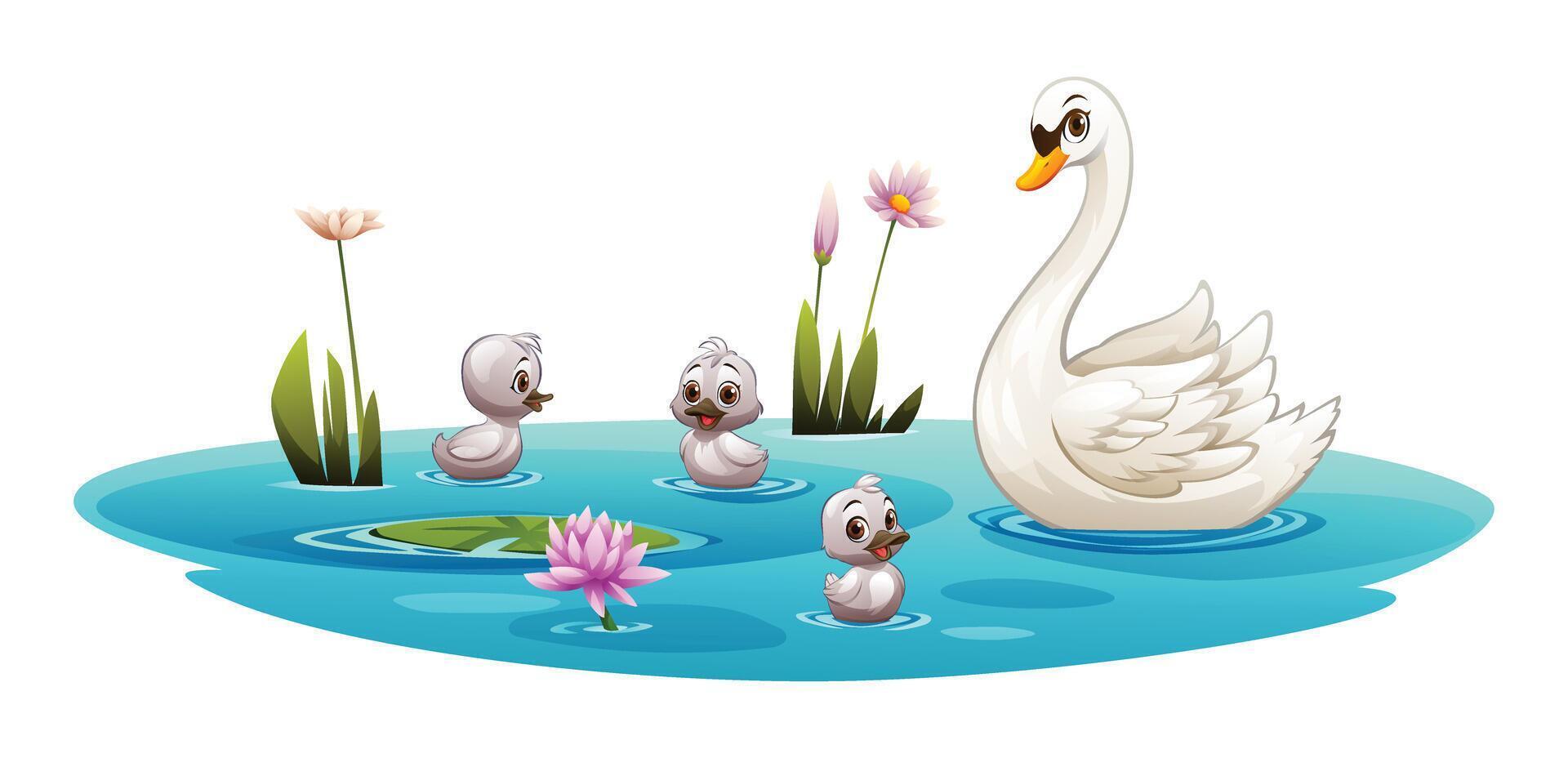 Mother swan with baby swans swimming in a pond with flowers and lily pads. Cartoon illustration vector