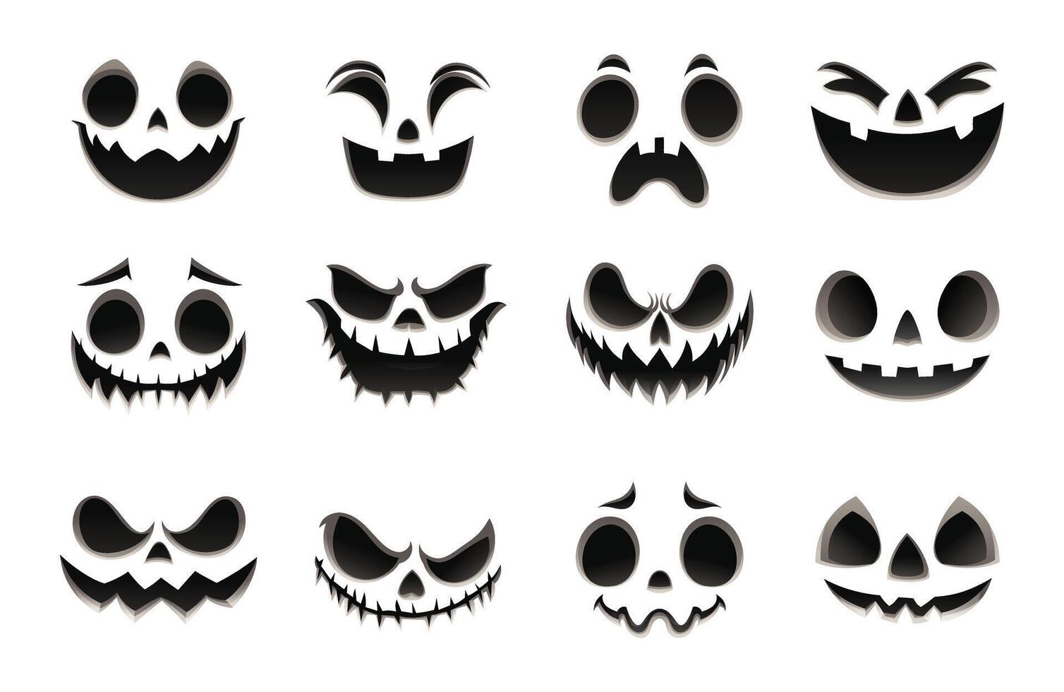 Set of creepy and fun Halloween pumpkin faces in black and white, ideal for October celebrations and creative projects. Cartoon illustration vector