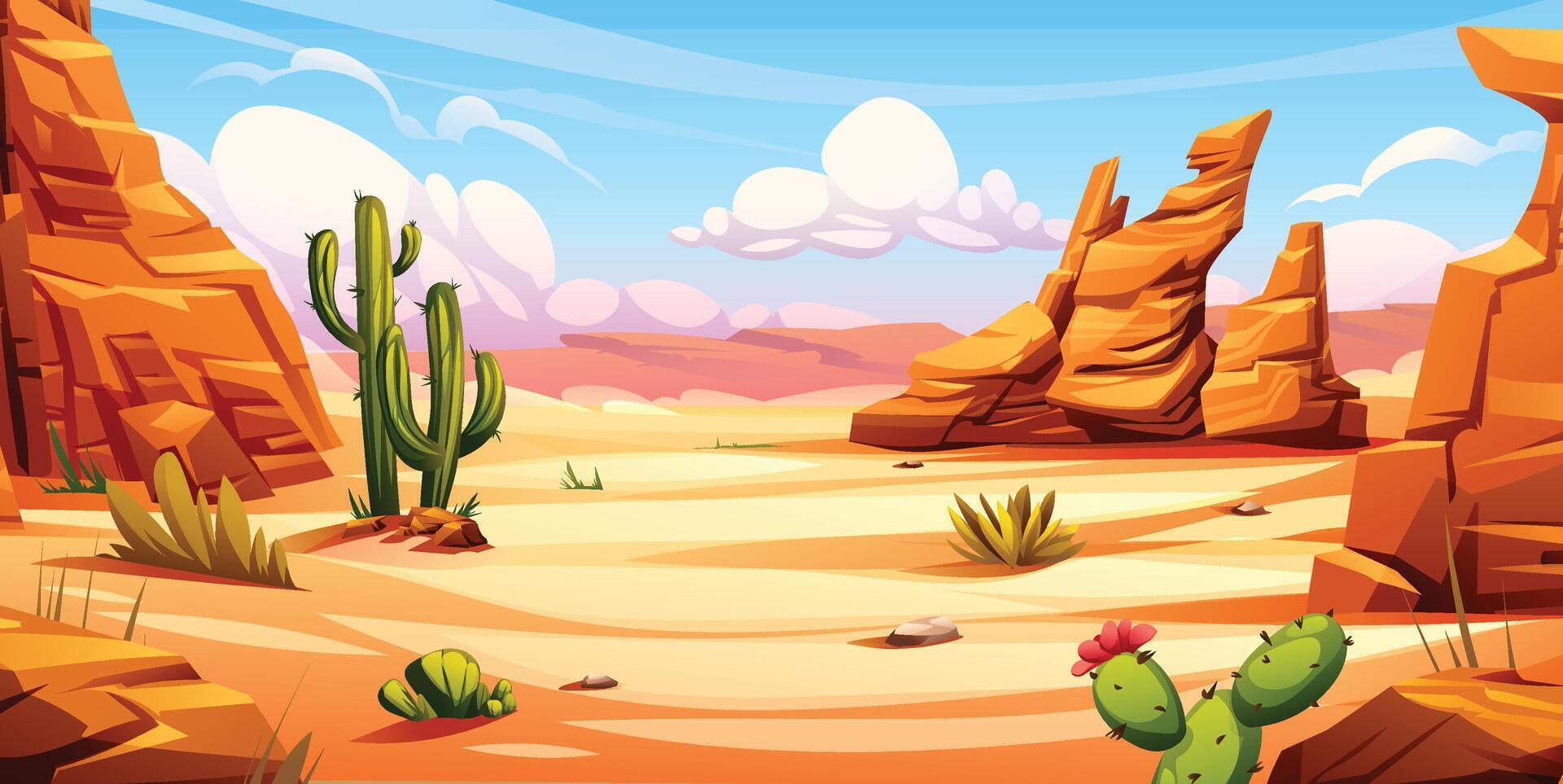 Desert landscape with cactus, rocky cliffs, and blue sky. Cartoon illustration vector