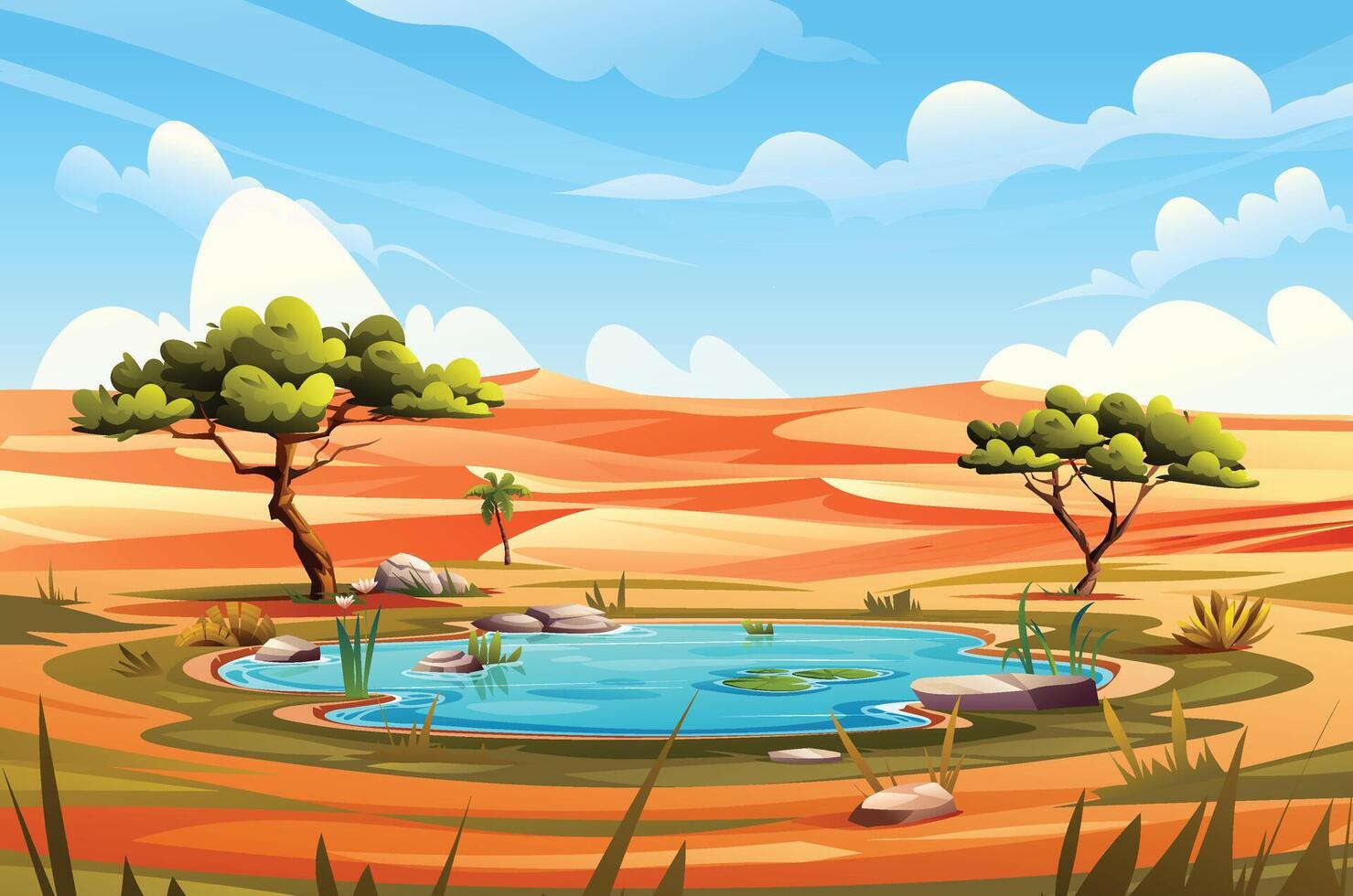 Desert oasis with trees, small lake, and surrounding sand dunes background. Nature landscape cartoon illustration vector