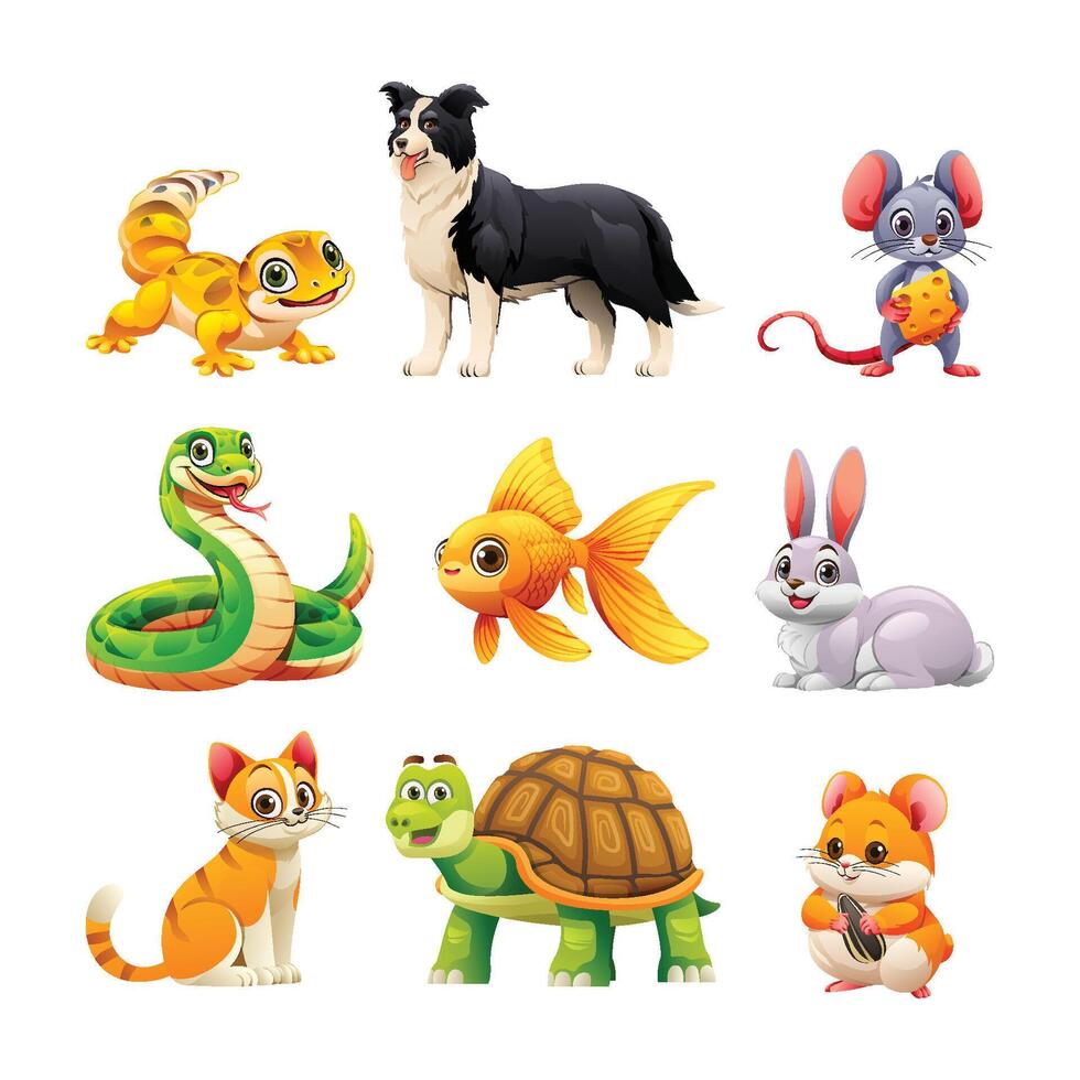 Set of pet animals including gecko, dog, rabbit, and cat. Cartoon illustration vector