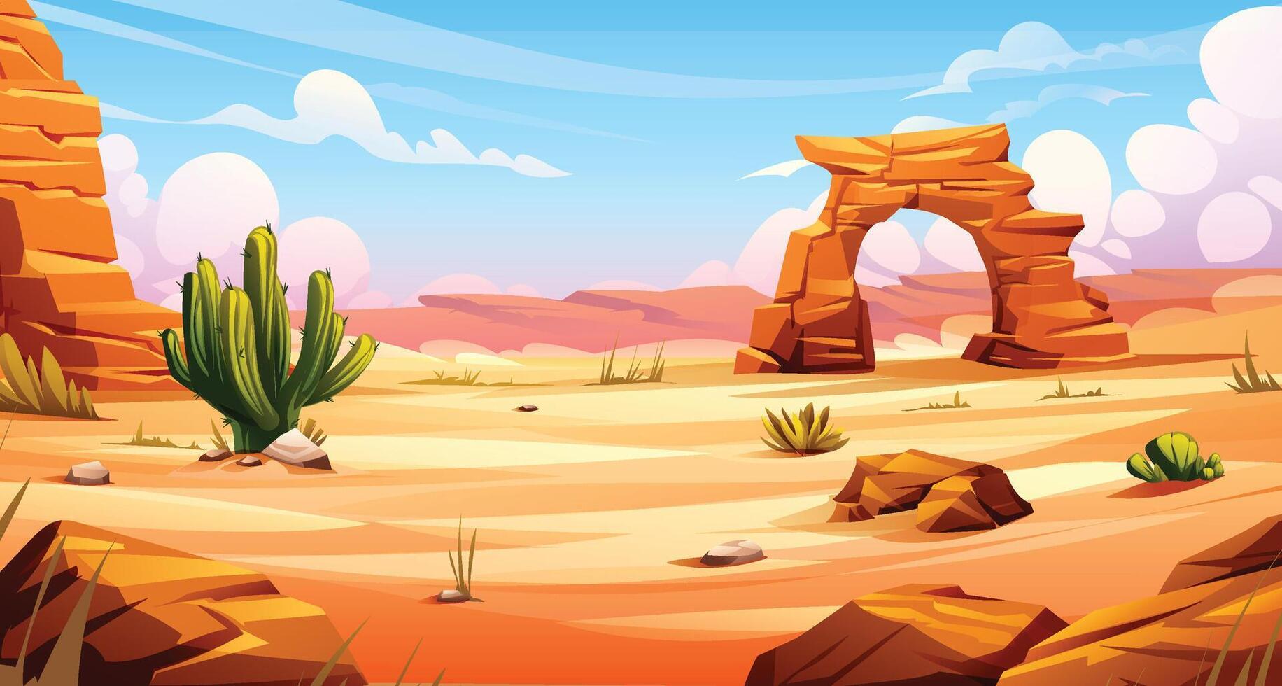 Desert landscape with cactus, rocky cliffs, and bright blue sky. Cartoon background nature illustration vector