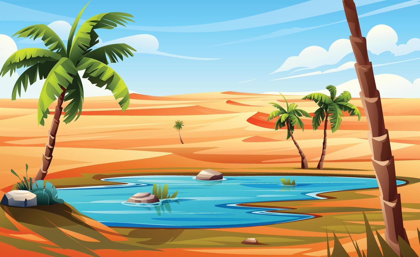 Desert oasis with palm trees and serene water body surrounded by sand dunes background. Nature landscape cartoon illustration vector