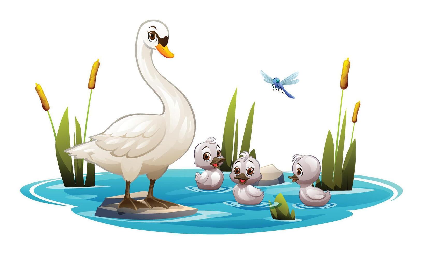 Mother swan with baby swans swimming in a pond with cattails and a dragonfly. illustration vector
