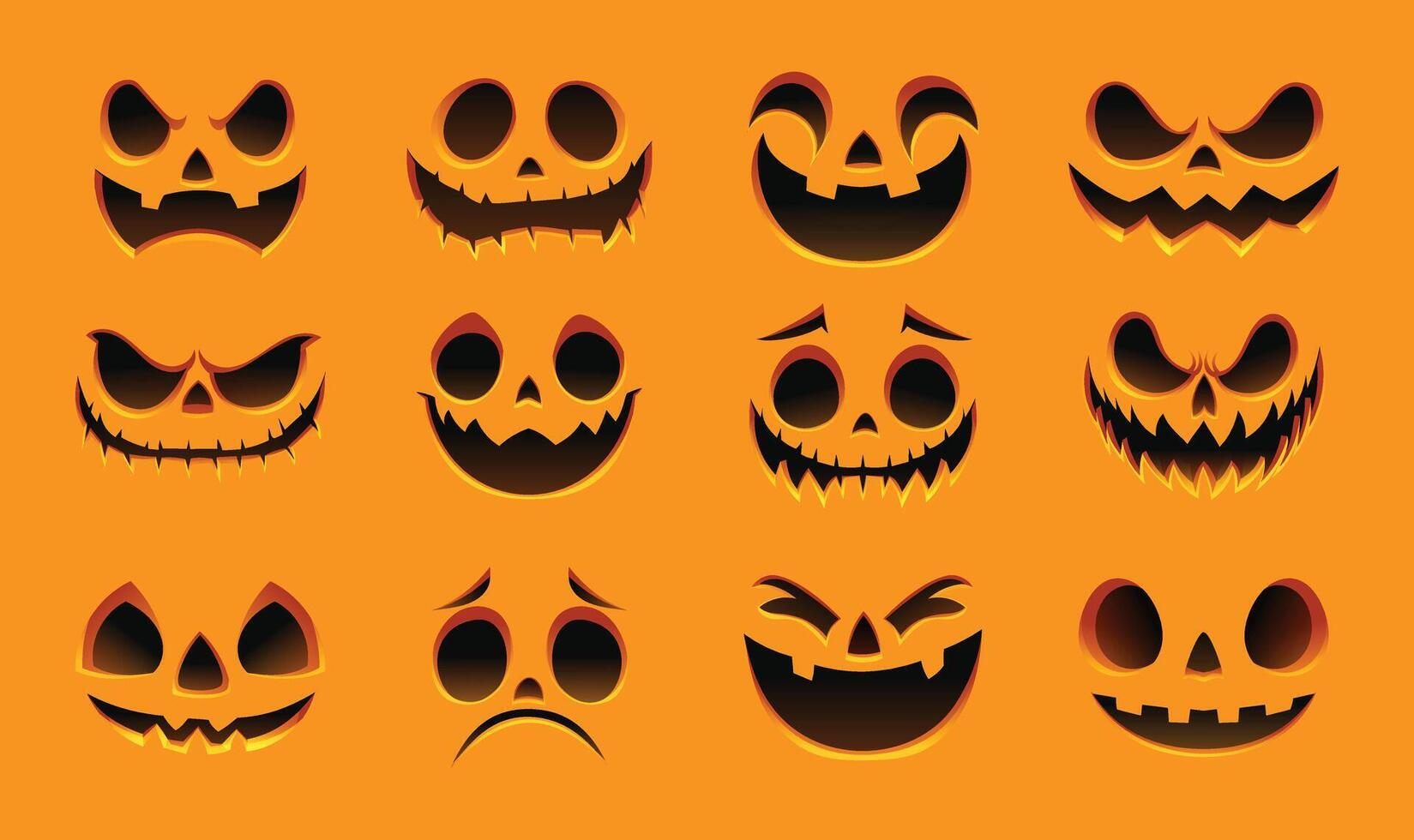 Set of Halloween pumpkin faces with a variety of scary and happy expressions. Cartoon illustration vector