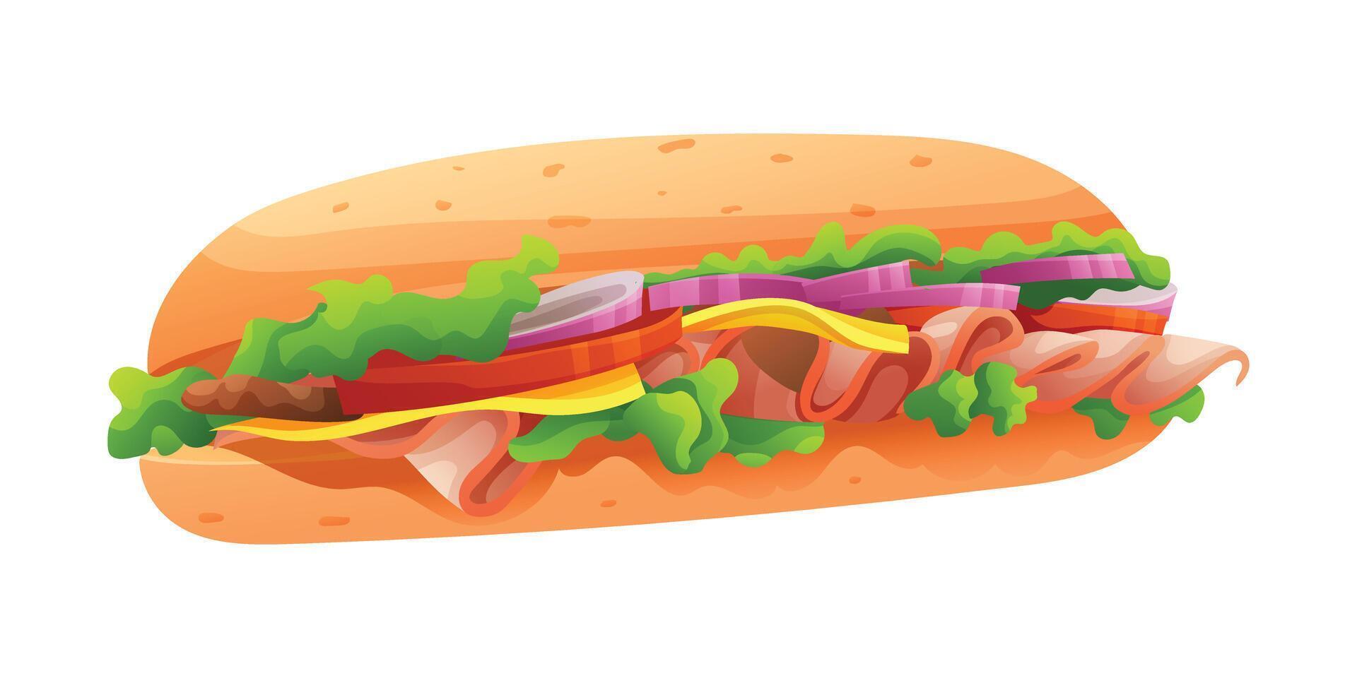 Submarine sandwich with ham, cheese, lettuce, and onions. Cartoon illustration vector