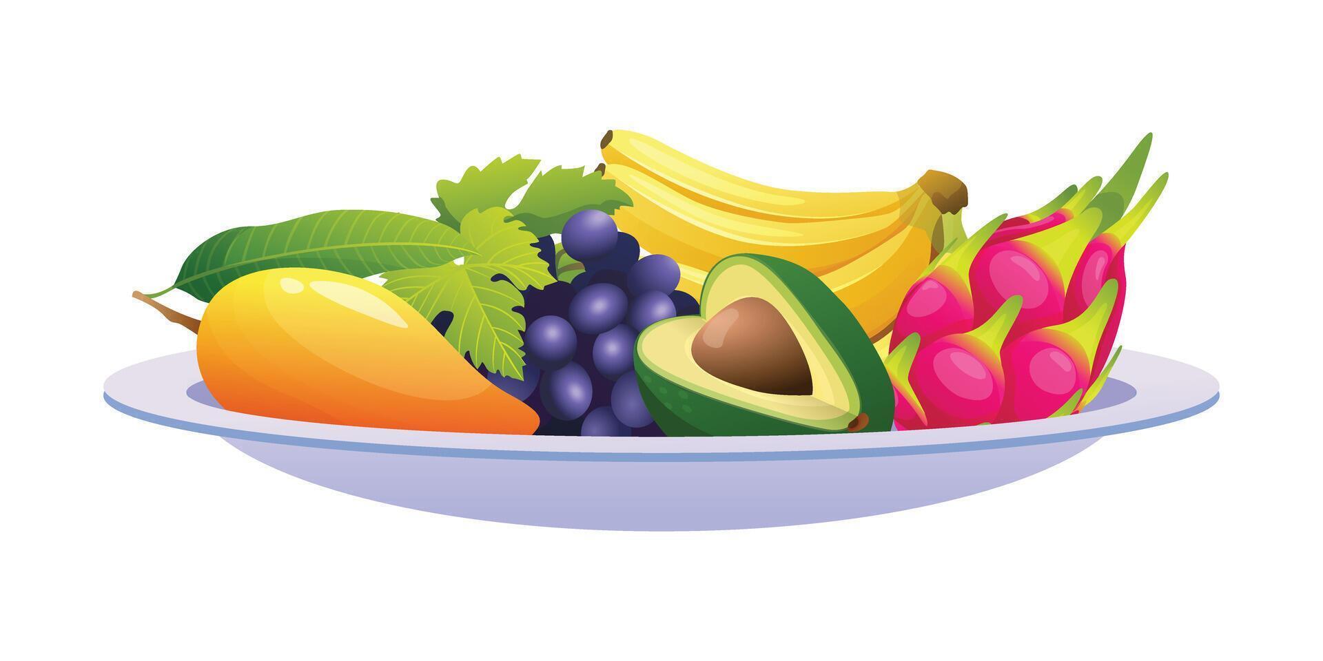 Plate with mango, avocado, bananas, dragon fruit, and grapes. Cartoon illustration vector