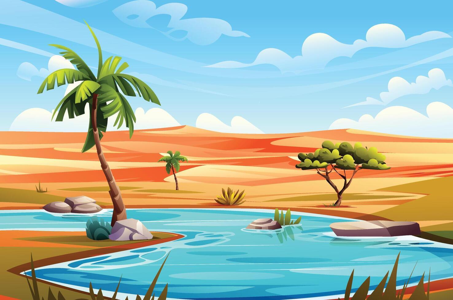 Desert oasis with palm trees, clear water, and sand dunes landscape under bright blue sky. Cartoon illustration vector