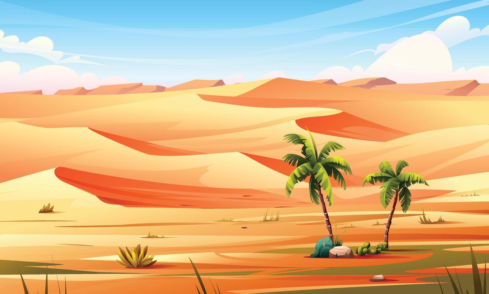 Desert landscape with palm trees and sand dunes background under blue sky. Cartoon illustration vector
