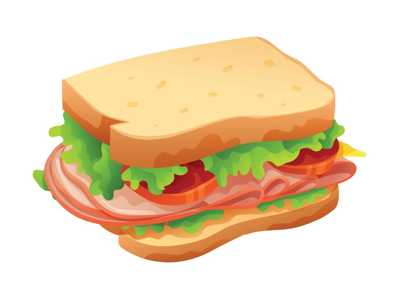 Sandwich with fresh lettuce, tomato, ham, and cheese. Cartoon illustration vector