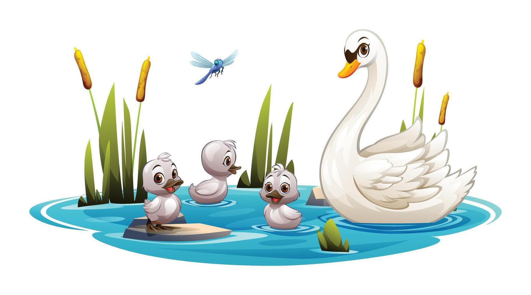 Mother swan with baby swans swimming in a pond with cattails and a dragonfly. Cartoon illustration vector