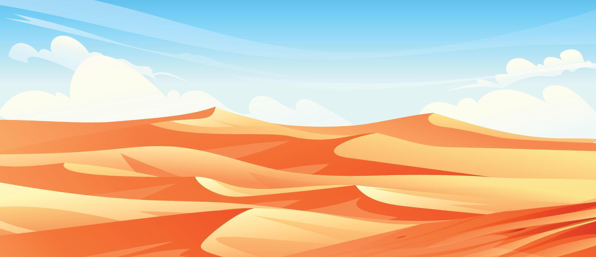 Expansive desert landscape with sand dunes and blue sky. Nature background cartoon illustration vector
