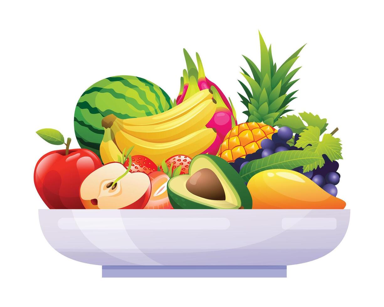 Plate filled with various fruits including watermelon, bananas, apples, avocados, and more. Cartoon illustration vector