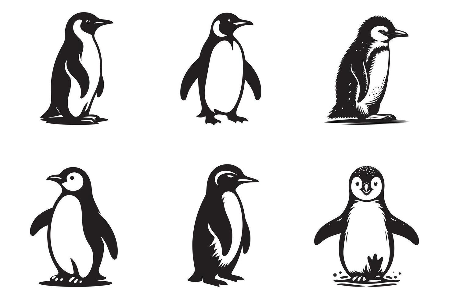 penguin set black silhouette art illustration white background vector