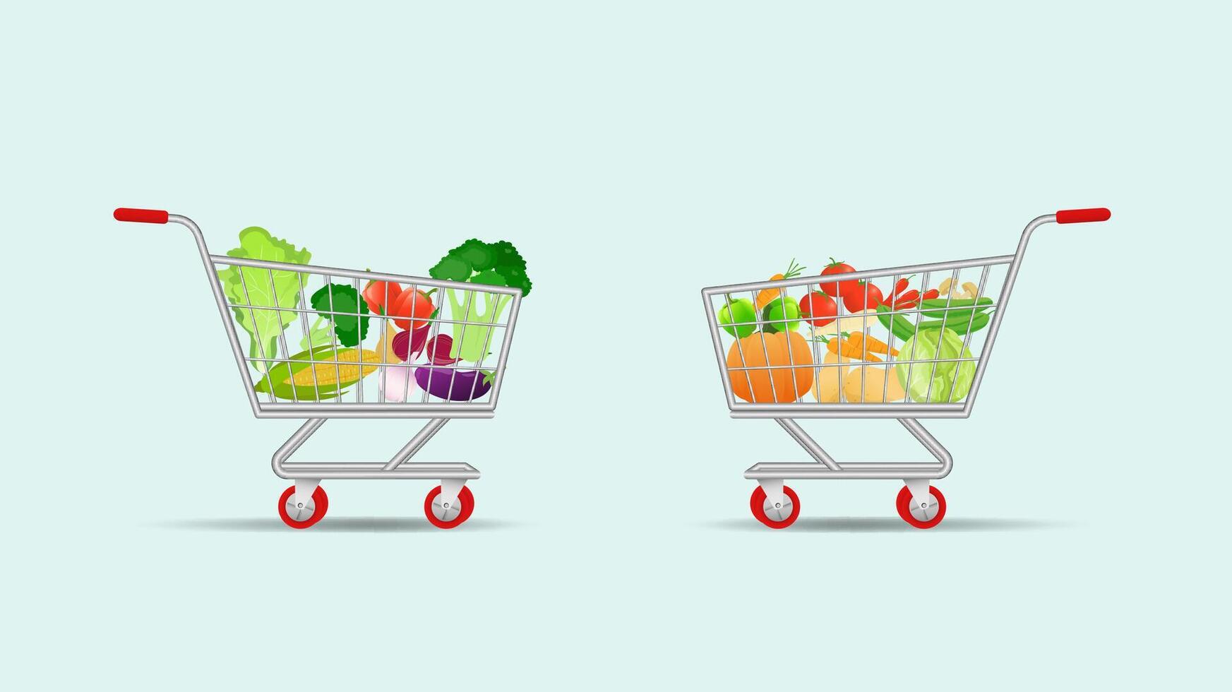 shopping trolley or basket with fruit, vegetables and bread shopping cart element vector